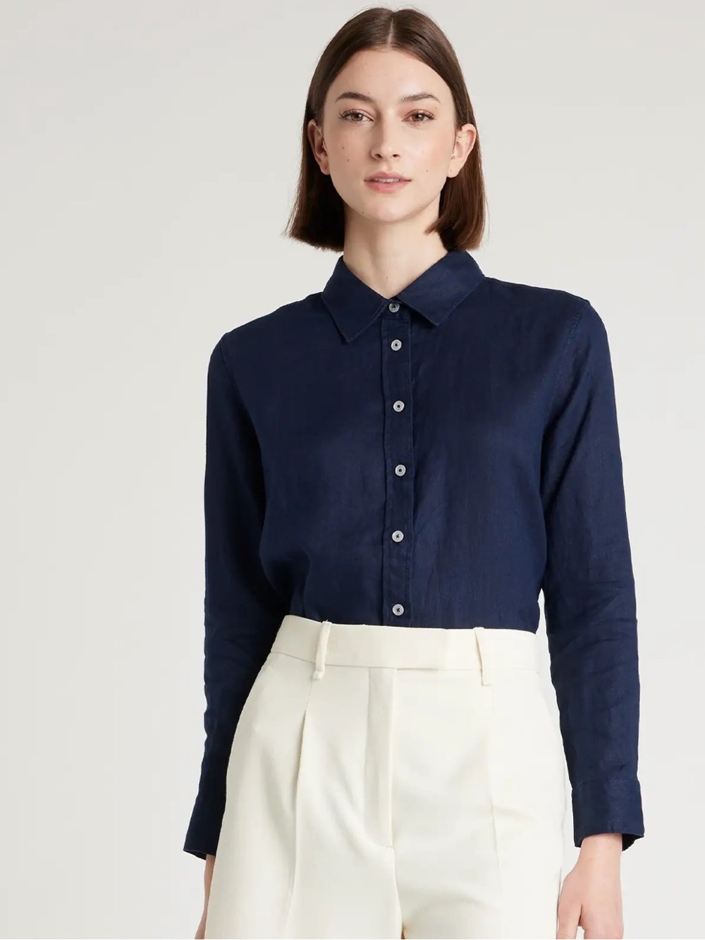 Quince Women’s Dark Navy Long-Sleeve Button-Down Shirt 100% Linen Size L